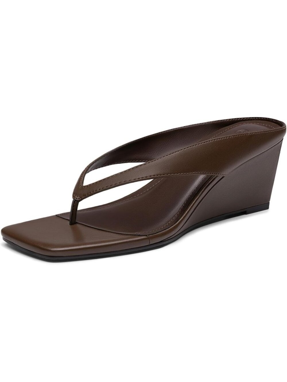 Women's Brown Flip Flop Low Wedge Sandals Open Square Toe Dressy Heeled Sandals